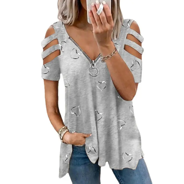 Women's V Neck Zipper Printed Cotton T-Shirt Blue - Image 8