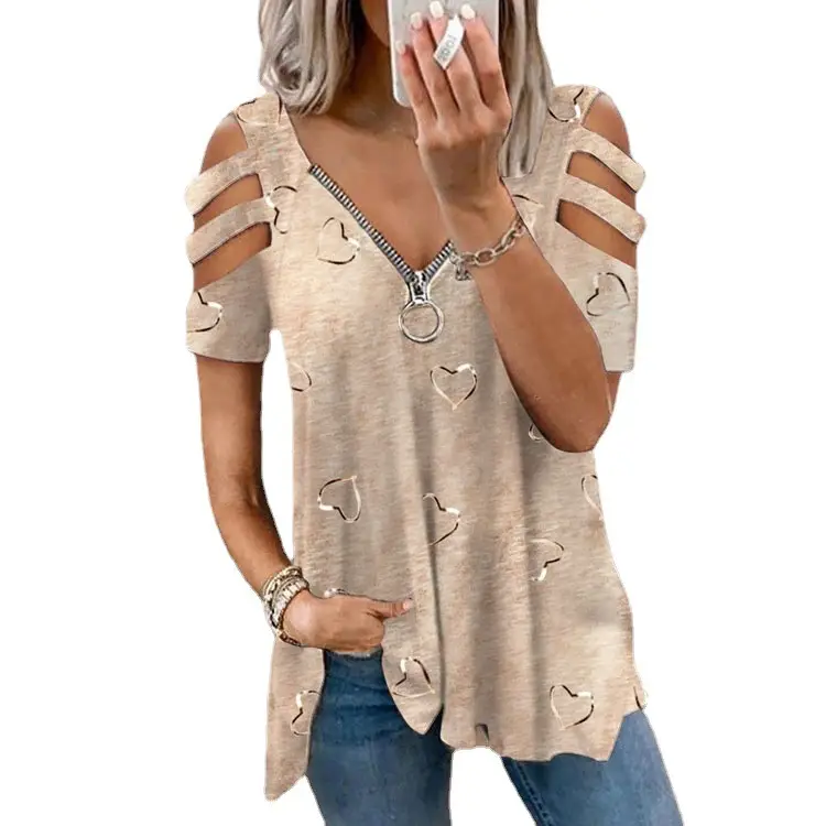Women's V Neck Zipper Printed Cotton T-Shirt Blue - Image 9