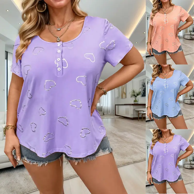 Women's V Neck Zipper Printed Cotton T-Shirt Blue - Image 11