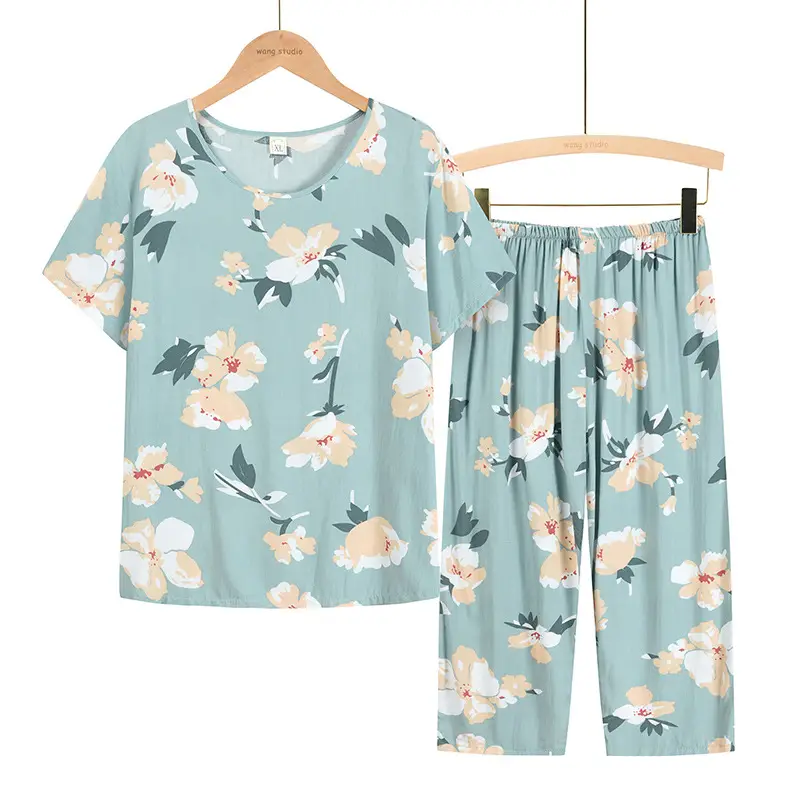 60-70yo Cotton Palm Print Pajama Set Blue Yellow - Image 2