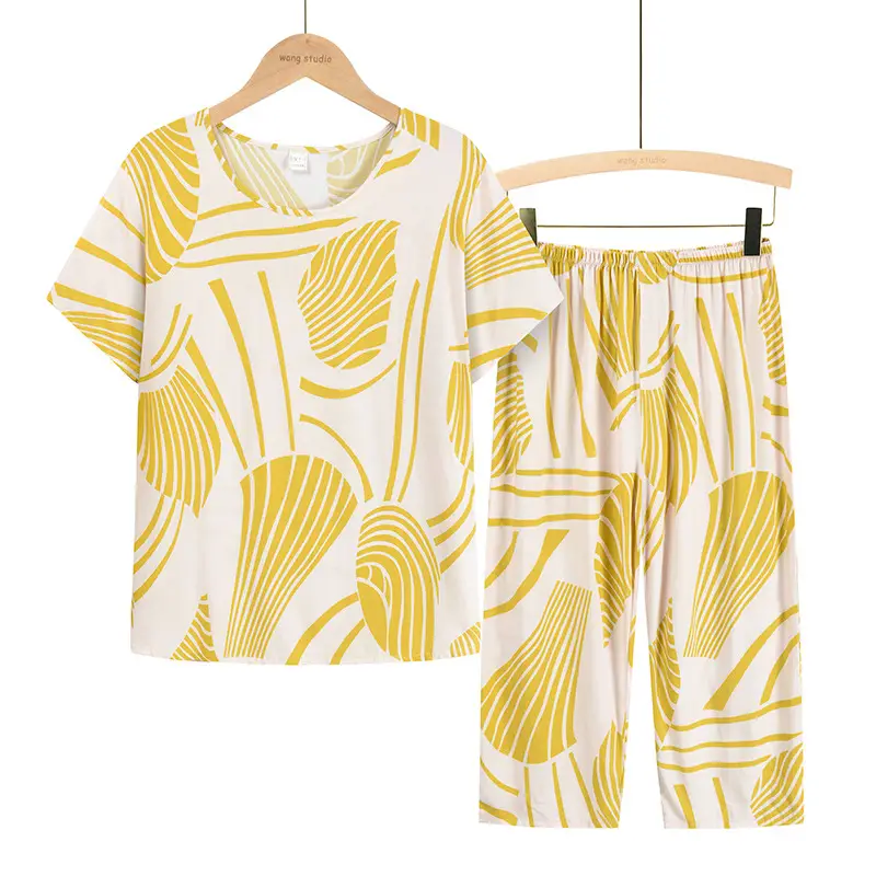 60-70yo Cotton Palm Print Pajama Set Blue Yellow - Image 6