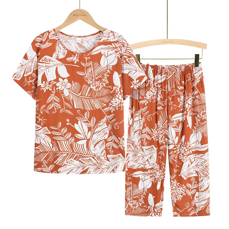60-70yo Cotton Palm Print Pajama Set Blue Yellow - Image 7