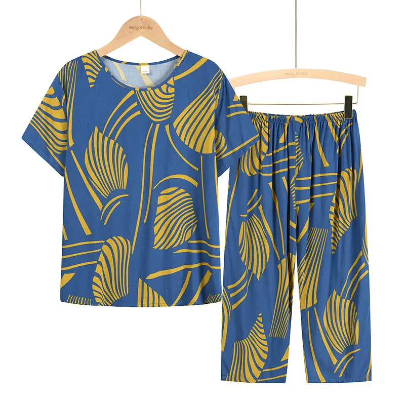60-70yo Cotton Palm Print Pajama Set Blue Yellow - Image 8