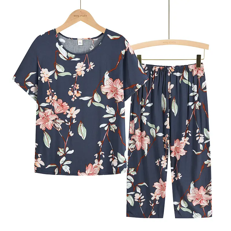 60-70yo Cotton Palm Print Pajama Set Blue Yellow - Image 4