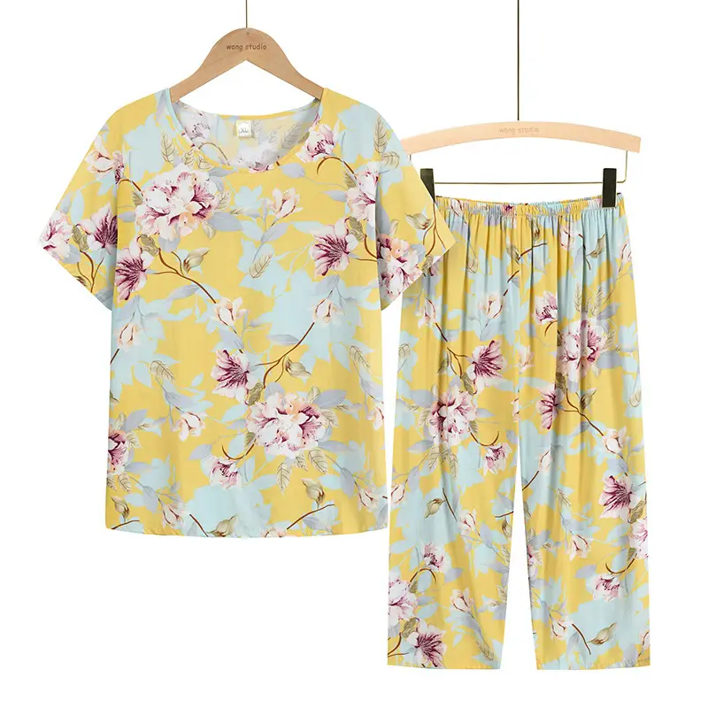 60-70yo Cotton Palm Print Pajama Set Blue Yellow - Image 5