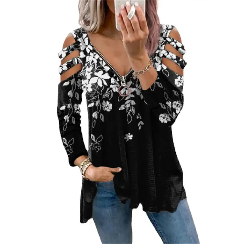 2022 Grey Embroidered Cold Shoulder T-Shirt for Women - Image 19