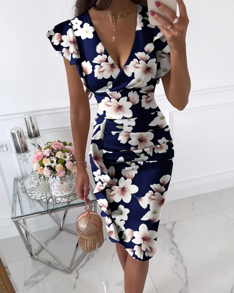 2021 Yellow V-Neck Ruffled Dress High Waist Slim Fit