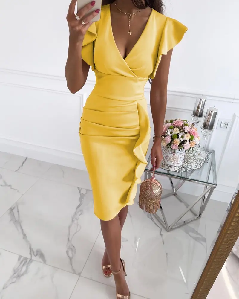 2021 Yellow V-Neck Ruffled Dress High Waist Slim Fit