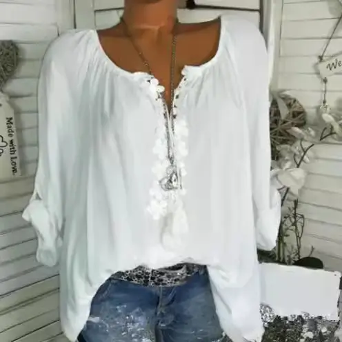 Large Size Loose Sleeve Women's Grey Lace Top - Image 5