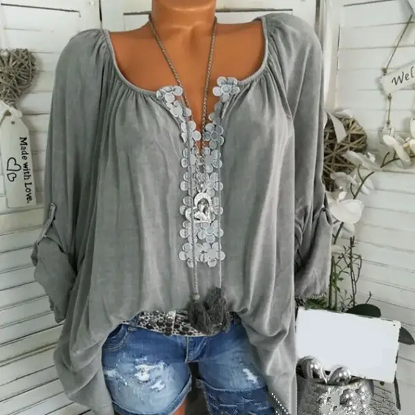 Large Size Loose Sleeve Women's Grey Lace Top - Image 3