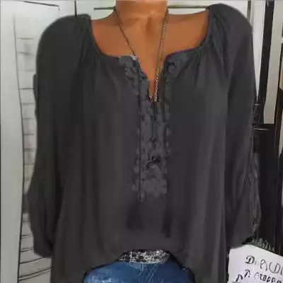 Large Size Loose Sleeve Women's Grey Lace Top - Image 6