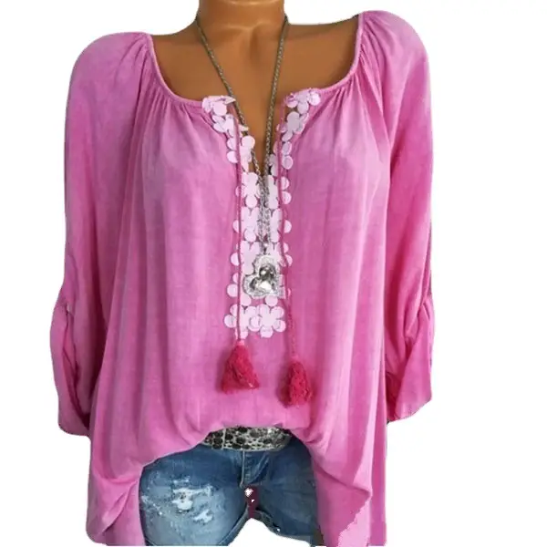 Large Size Loose Sleeve Women's Grey Lace Top - Image 7