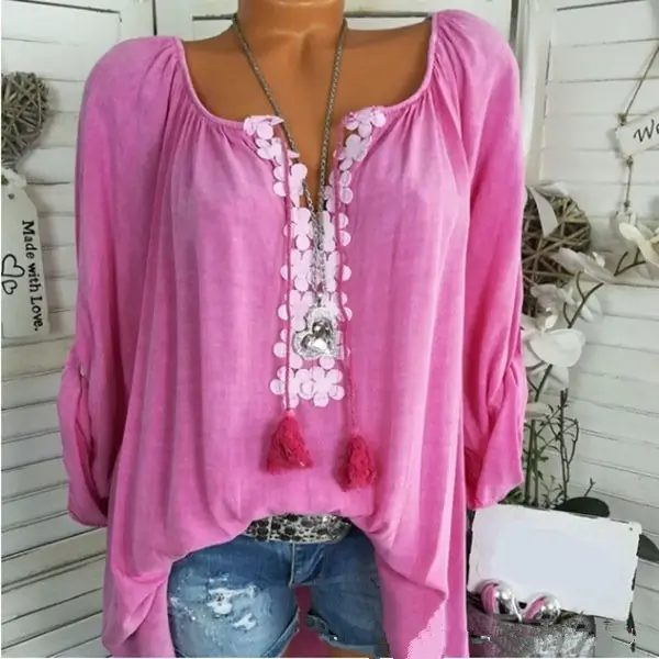 Large Size Loose Sleeve Women's Grey Lace Top - Image 2