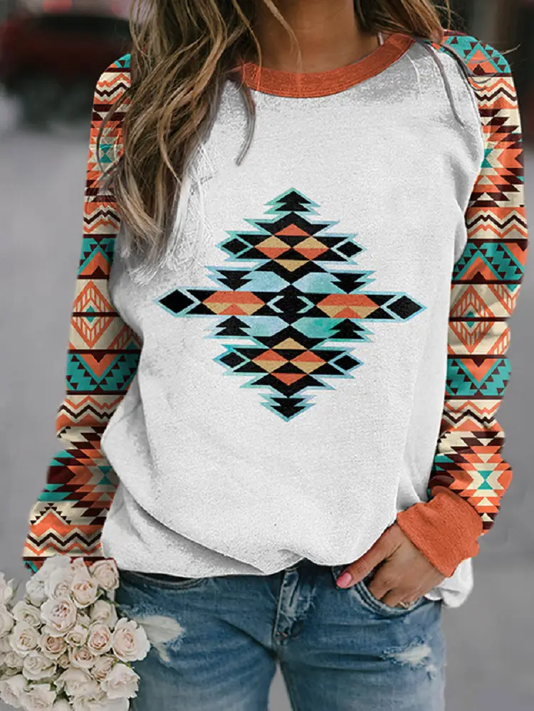 Women Long Sleeve Round Neck Sweater Top White Geometric Print - Image 2