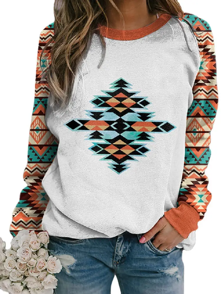 Women Long Sleeve Round Neck Sweater Top White Geometric Print - Image 5