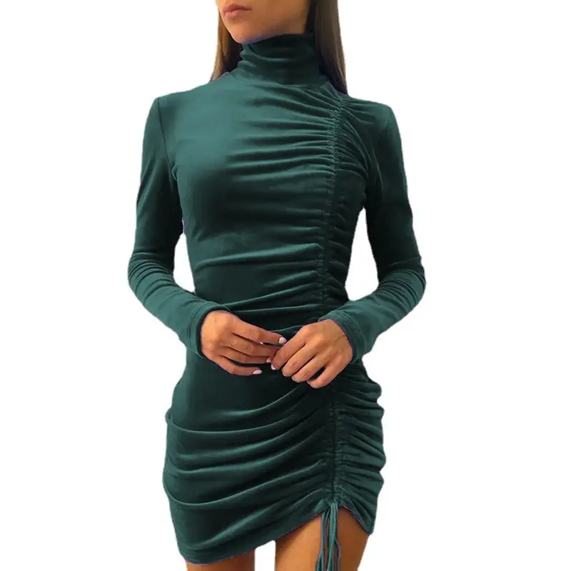 2024 Velvet Drawstring High Collar Dress Women