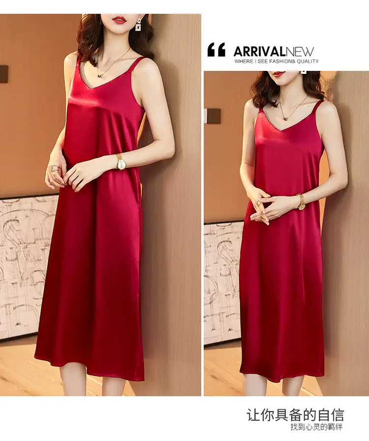 Red Satin Sling Dress Women Mid-Length Spring Summer — feature 33