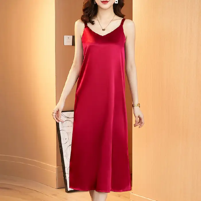 Red Satin Sling Dress Women Mid-Length Spring Summer - Image 2
