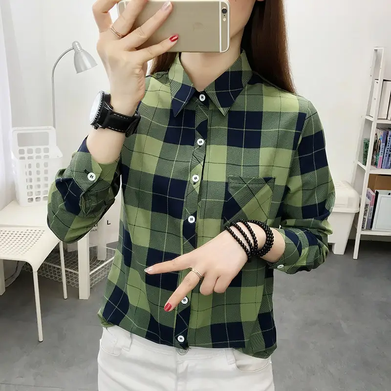 Women's Green Plaid Long Sleeve Shirt Korean Style - Image 5