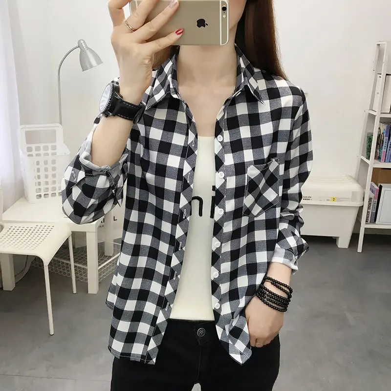 Women's Green Plaid Long Sleeve Shirt Korean Style - Image 6