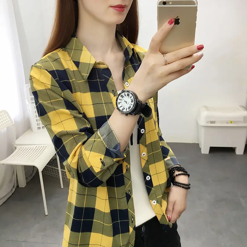 Women's Green Plaid Long Sleeve Shirt Korean Style - Image 8