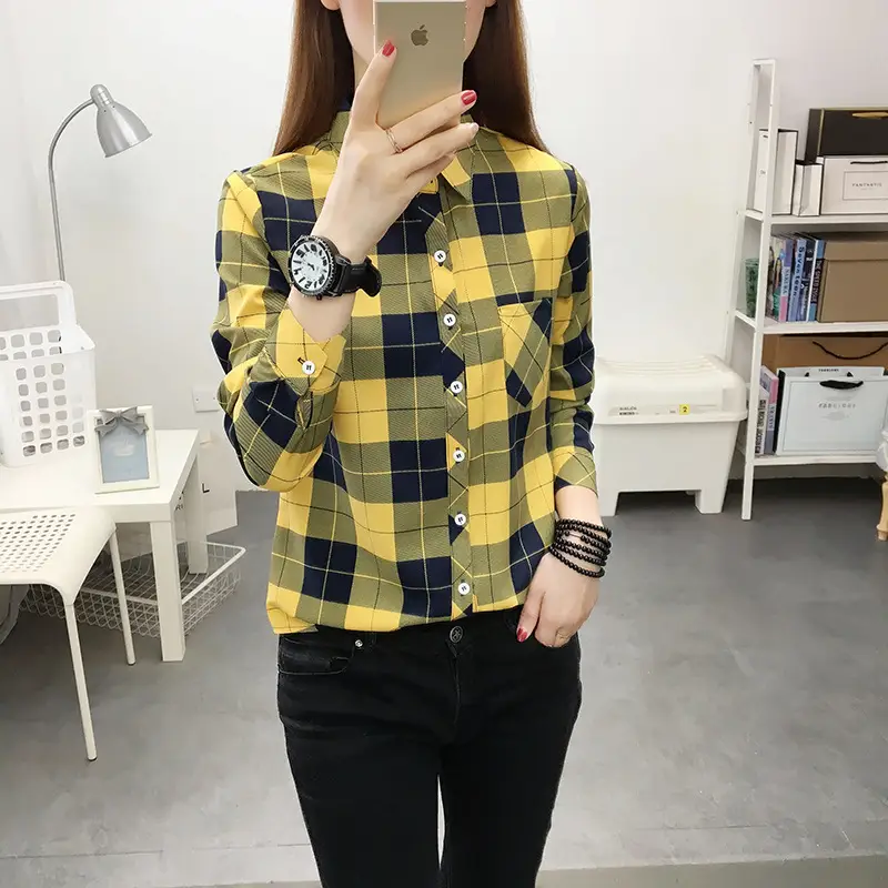 Women's Green Plaid Long Sleeve Shirt Korean Style - Image 2