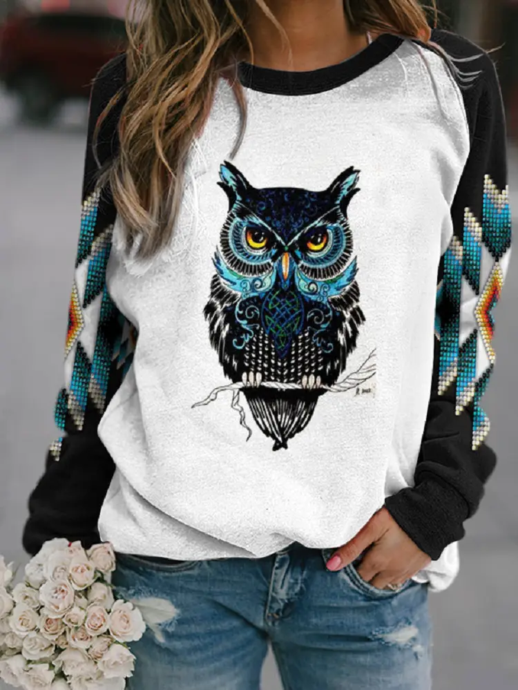 Women Long Sleeve Owl Print Sweater Top White - Image 3