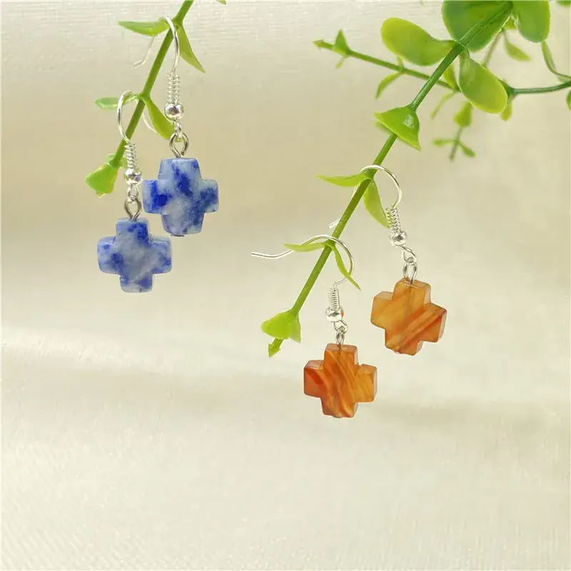 Natural Stone Crystal Agate Cross Earrings European American - Image 15