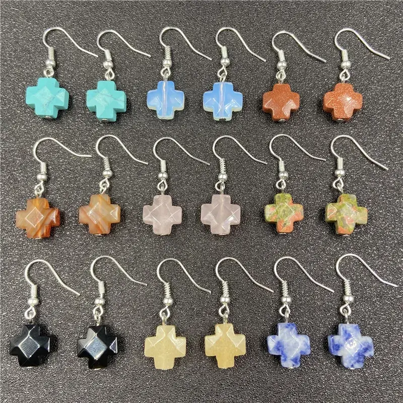 Natural Stone Crystal Agate Cross Earrings European American - Image 17