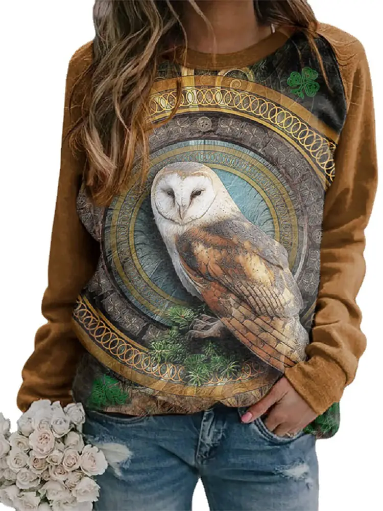 Women Long Sleeve Owl Print Sweater Top Brown
