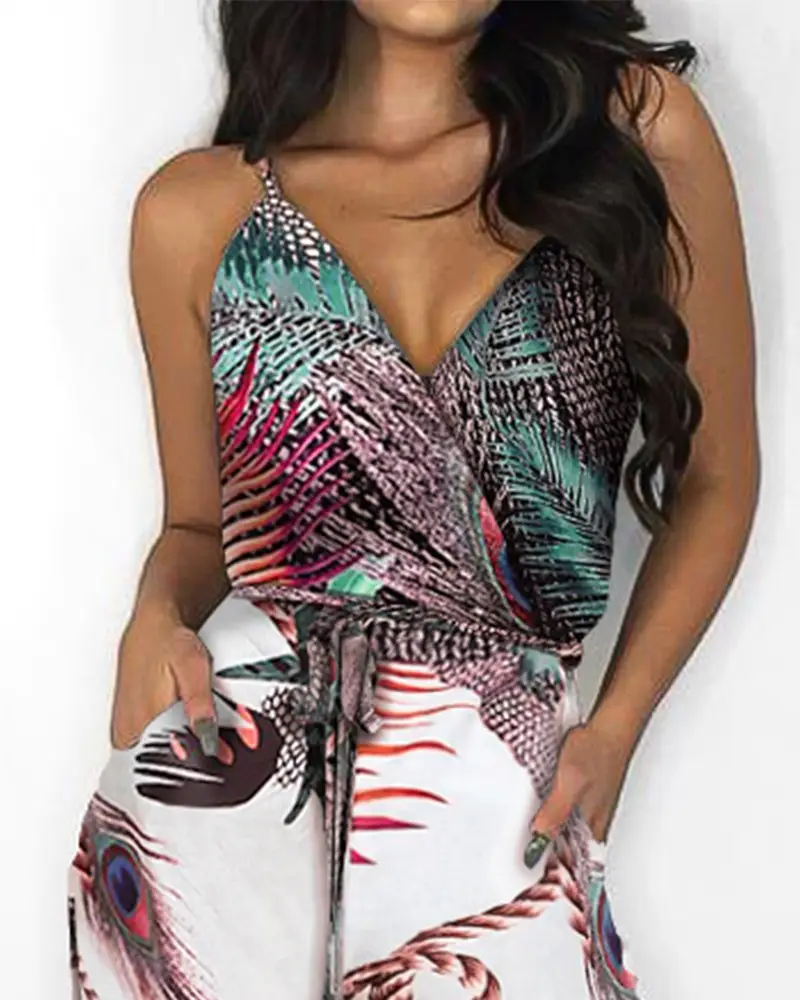 New Peacock Feather Print V-Neck Jumpsuit for Women — feature 3