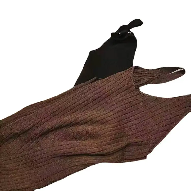 Black Knitted Slip Dress Mid-Length Slim Fit