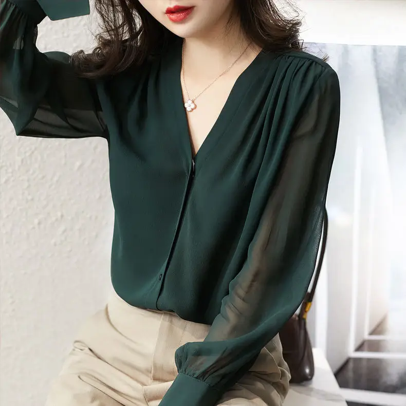 Korean Style Chiffon Choker Long Sleeve Maroon Top - Image 4