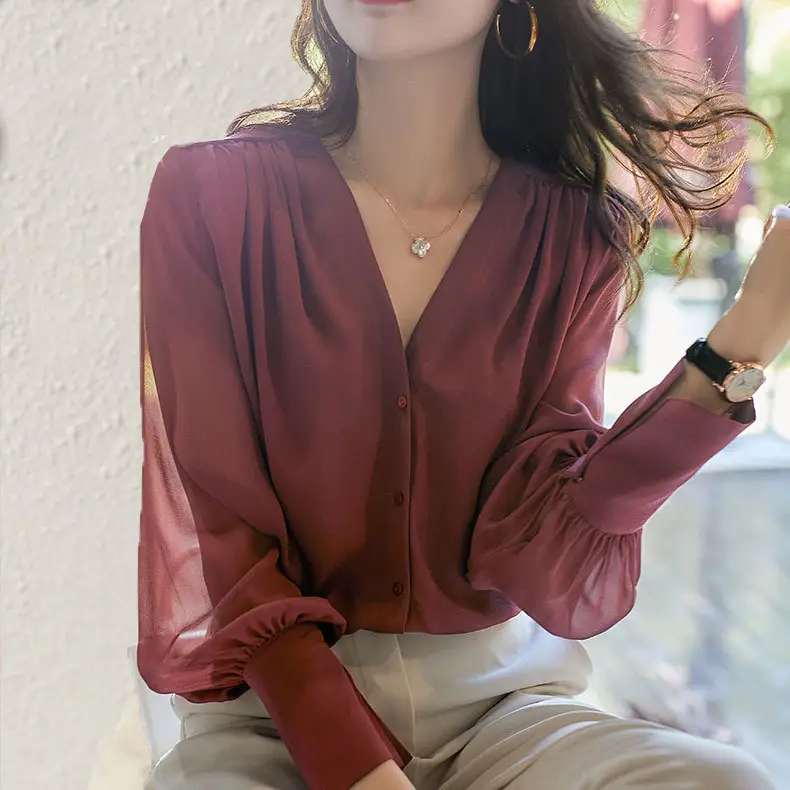 Korean Style Chiffon Choker Long Sleeve Maroon Top - Image 5