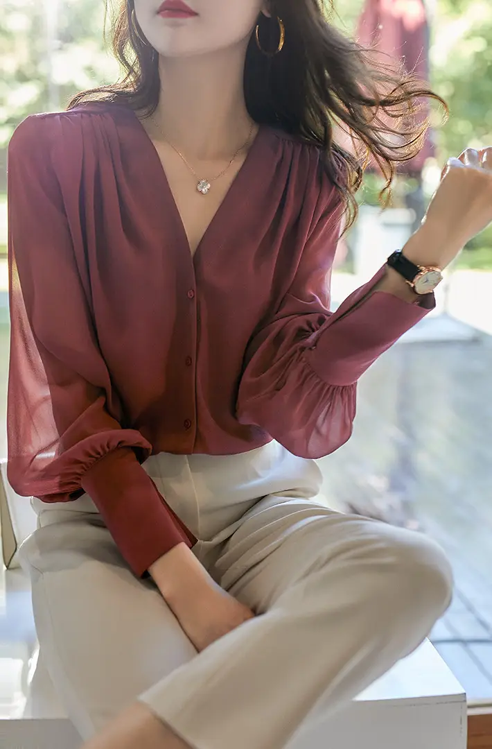 Korean Style Chiffon Choker Long Sleeve Maroon Top — feature 2