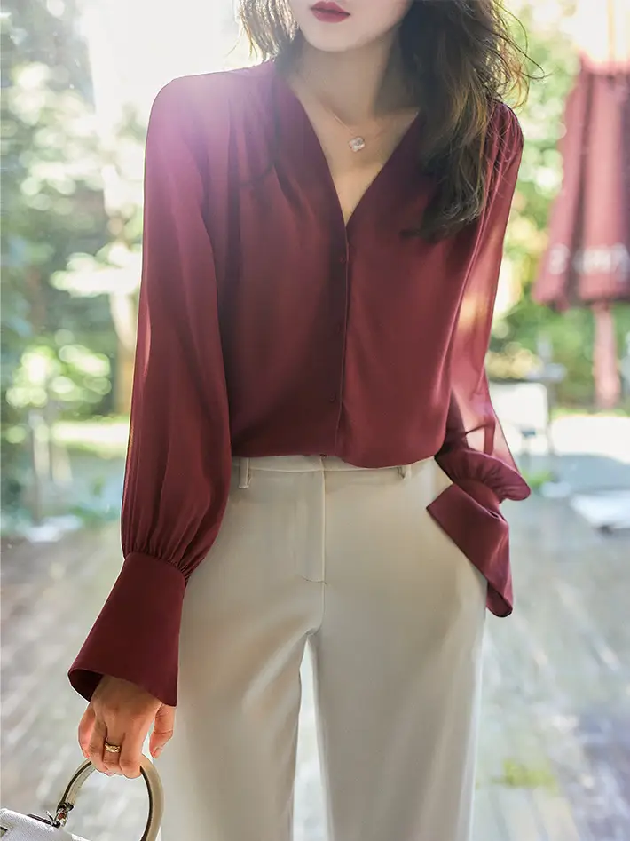 Korean Style Chiffon Choker Long Sleeve Maroon Top — feature 3