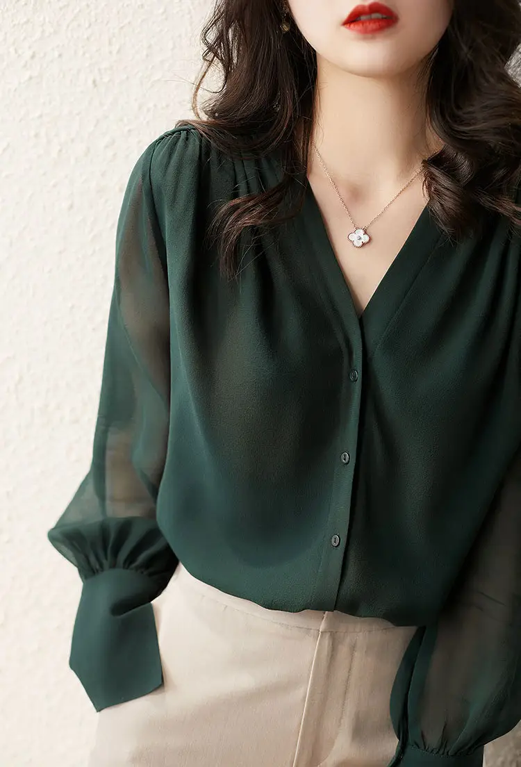Korean Style Chiffon Choker Long Sleeve Maroon Top — feature 4