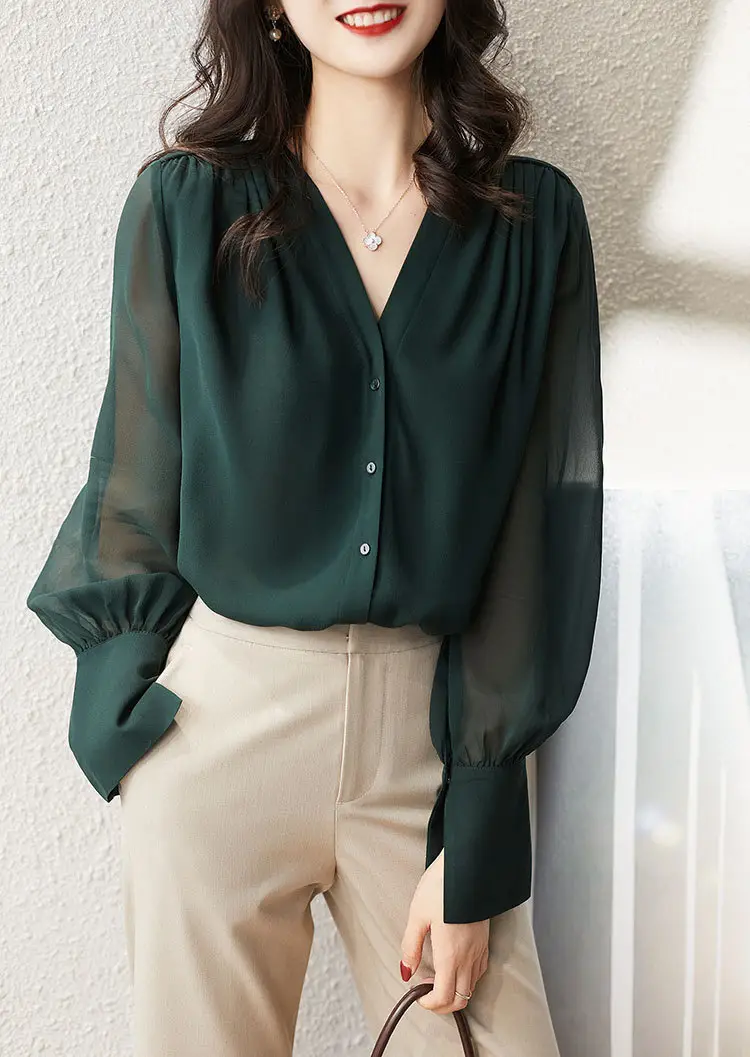 Korean Style Chiffon Choker Long Sleeve Maroon Top — feature 5