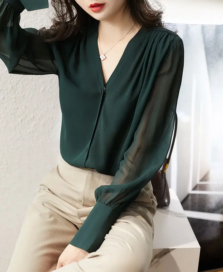 Korean Style Chiffon Choker Long Sleeve Maroon Top — feature 6