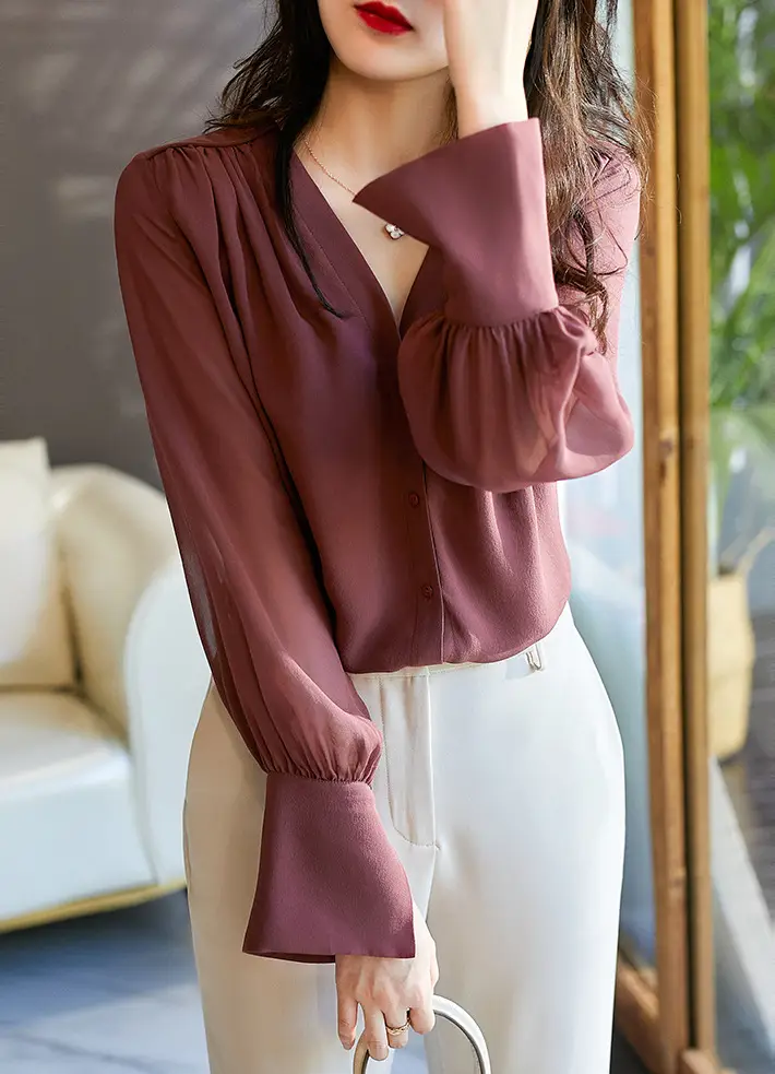 Korean Style Chiffon Choker Long Sleeve Maroon Top — feature 7
