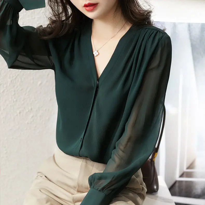 Korean Style Chiffon Choker Long Sleeve Maroon Top — feature 8