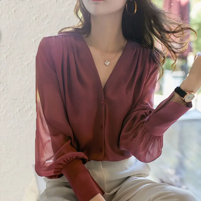 Korean Style Chiffon Choker Long Sleeve Maroon Top - Image 2