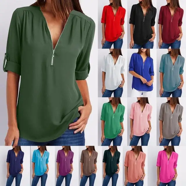 Women Chiffon Blouse Red Summer Top with Zip Front