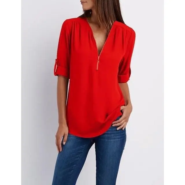 Women Chiffon Blouse Red Summer Top with Zip Front