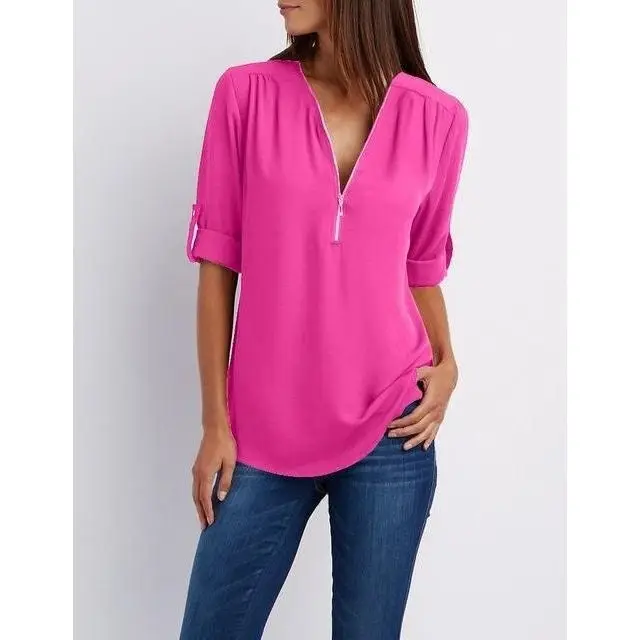 Women Chiffon Blouse Red Summer Top with Zip Front