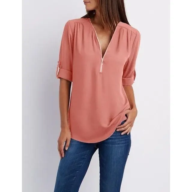 Women Chiffon Blouse Red Summer Top with Zip Front