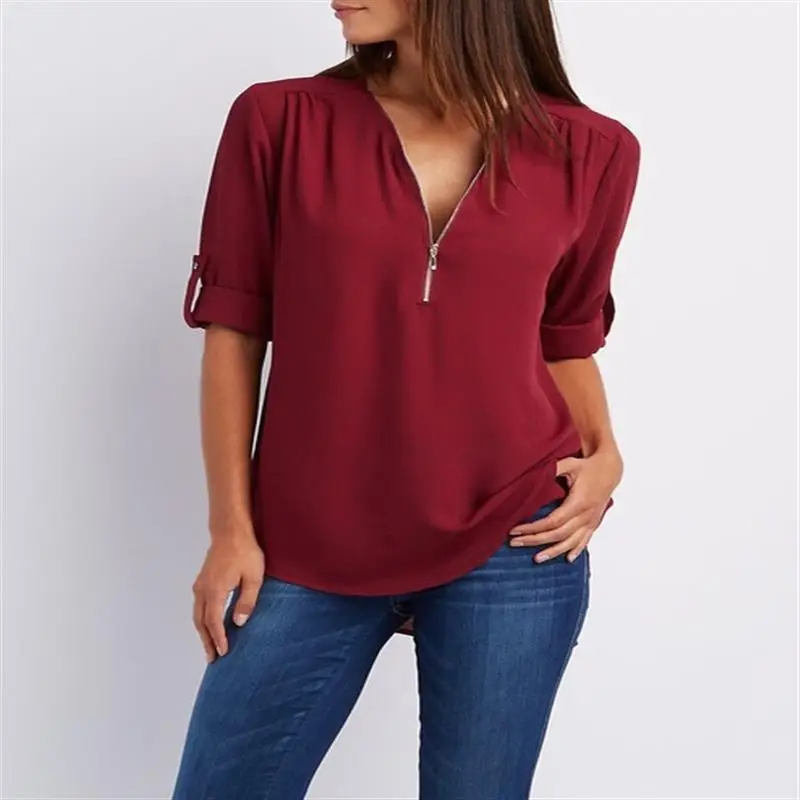 Women Chiffon Blouse Red Summer Top with Zip Front
