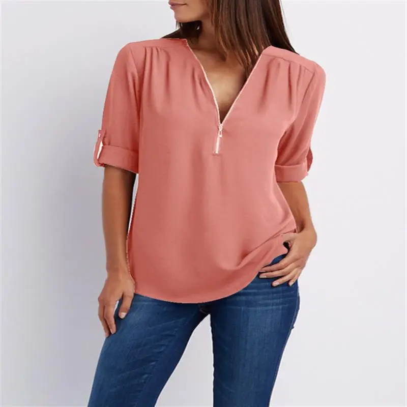 Women Chiffon Blouse Red Summer Top with Zip Front