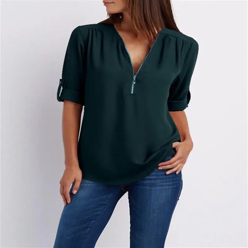 Women Chiffon Blouse Red Summer Top with Zip Front