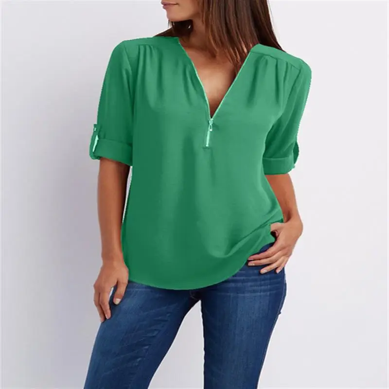 Women Chiffon Blouse Red Summer Top with Zip Front